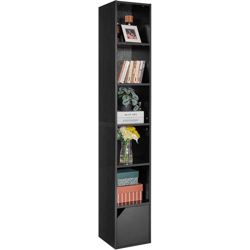 IBUYKE 6 Tier Narrow Bookcase with Doors, Cube CD DVD Storage Cabinet,Slim Media Tower Rack,Cabinet,Black Bookcase Display Stora