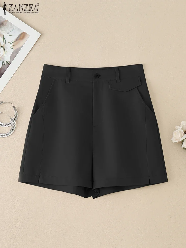 2025 zanzea verão shorts feminino elegante cintura alta trabalho ol calças casuais botão sólido pantalon elegante férias palazzo oversize