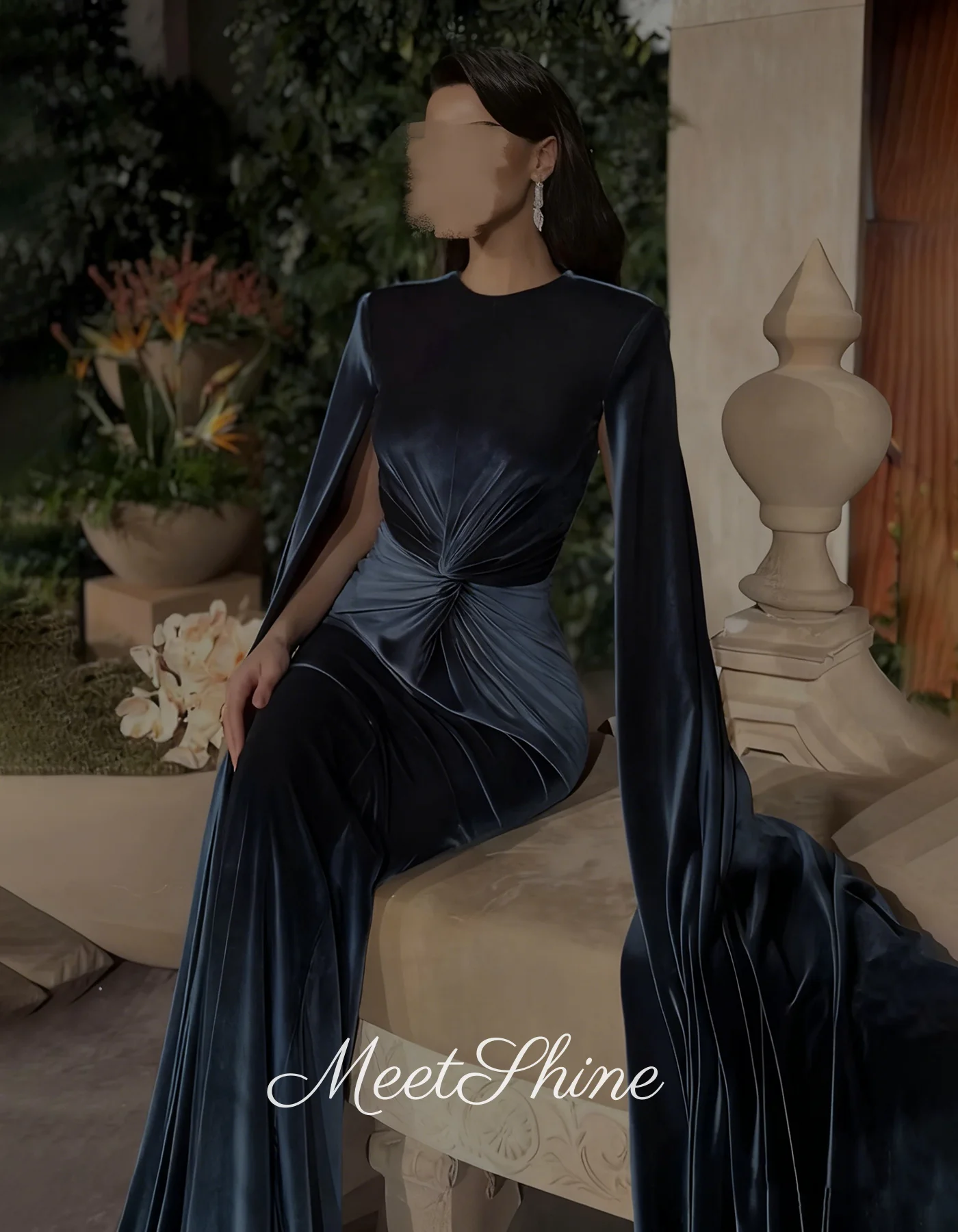 Robe de soirée plissée sirène en velours, col rond, vert foncé, Vintage, dubaï, avec manches longues flottantes, robes de bal formelles personnalisées