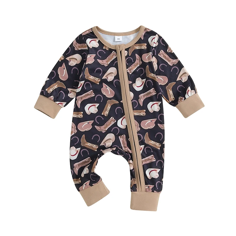 

Baby Boy Fall Jumpsuit Zip Up Boots Cowgirl Hat Print Long Sleeve Round Neck Adorable Romper