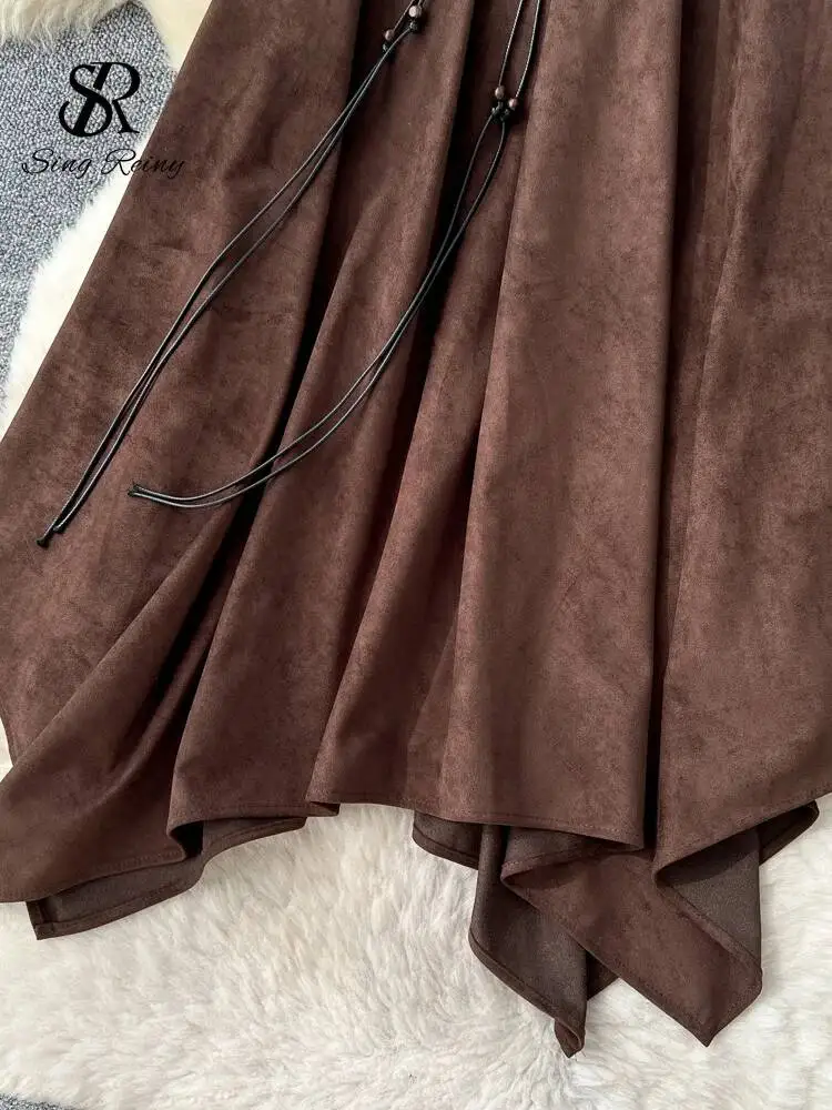 Falso camurça boêmio saia vintage outono cintura elástica faixas soltas sólidas mulheres bainha irregular moda saia longa