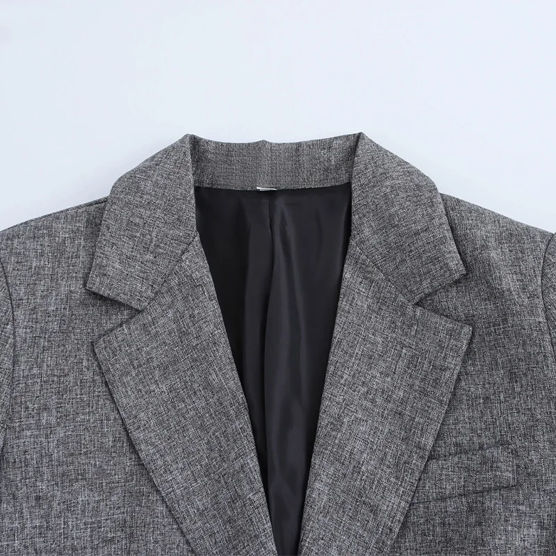 Willshela Women Fashion With Pockets Grey Single Breasted Blazer Vintage Notched Neck Long Sleeves Female Chic Lady Outfits