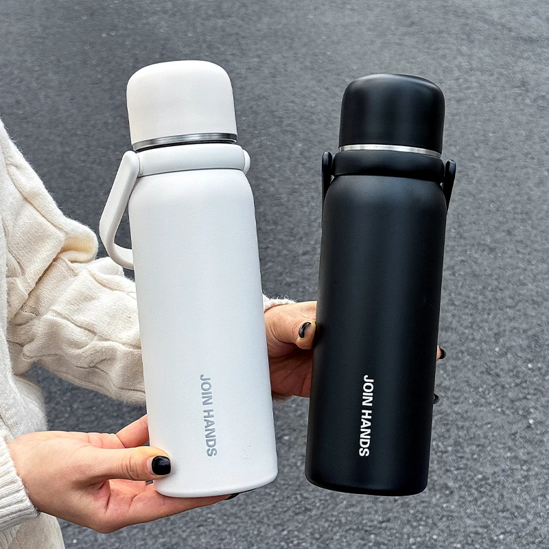 1PC Simple Insulated Water Bottle 600ml/800ml Flip-Top Tea-Water Separation Thermos with Handle Portable Design for Outdoor Spor
