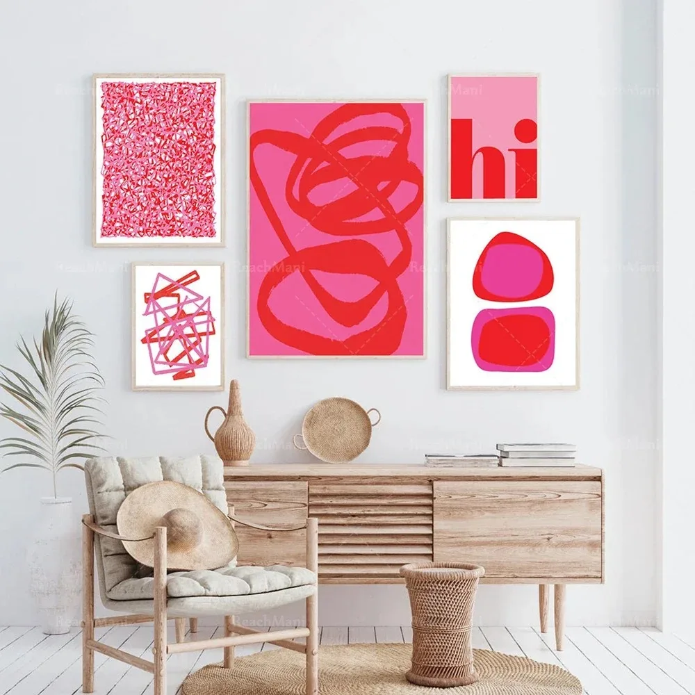 

Абстрактное искусство: красно-розовый постер для галереи, современный декор для дома, картина на холсте, настенное искусство, подарок