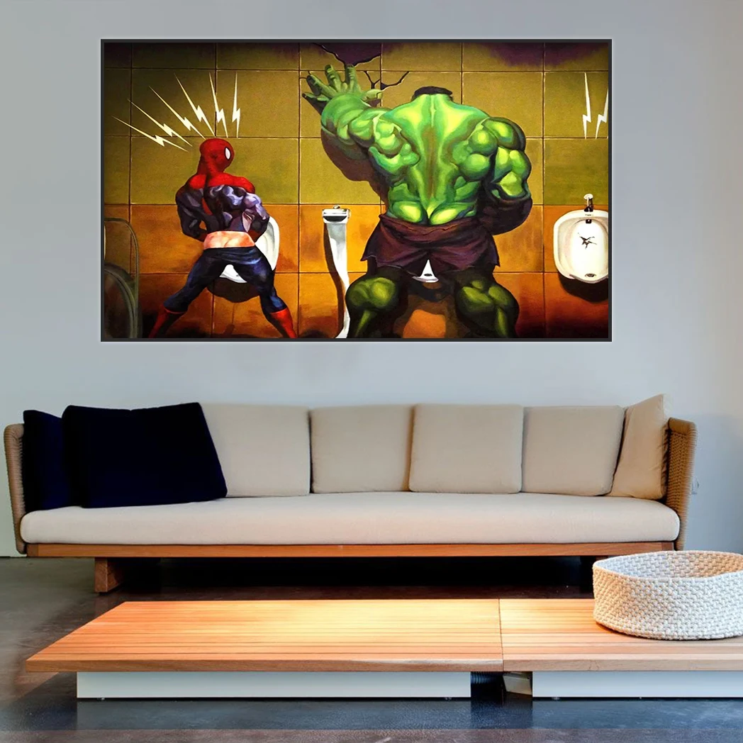 MINISO Superhero Funny Pee Canvas Painting Spider-Man Hulk Thor in Toilet Wall Art Poster Home Room Picture Print Artwork