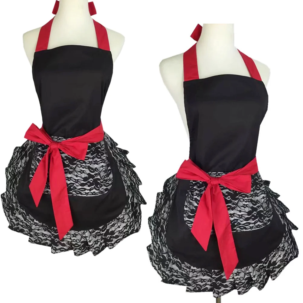 

Black Lace For Women Sleeveless Halter Neck Cooking Apron Household Fashion Kitchen Apron Gift For Wife Mother Daughter