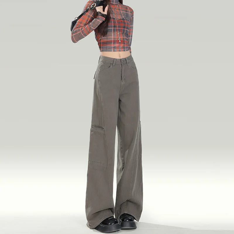 

New Style Grey American Wide Leg Workwear Pants Women's Loose Slim High Waist Straight Floor-Length Jeans Stylish Casual Jeans