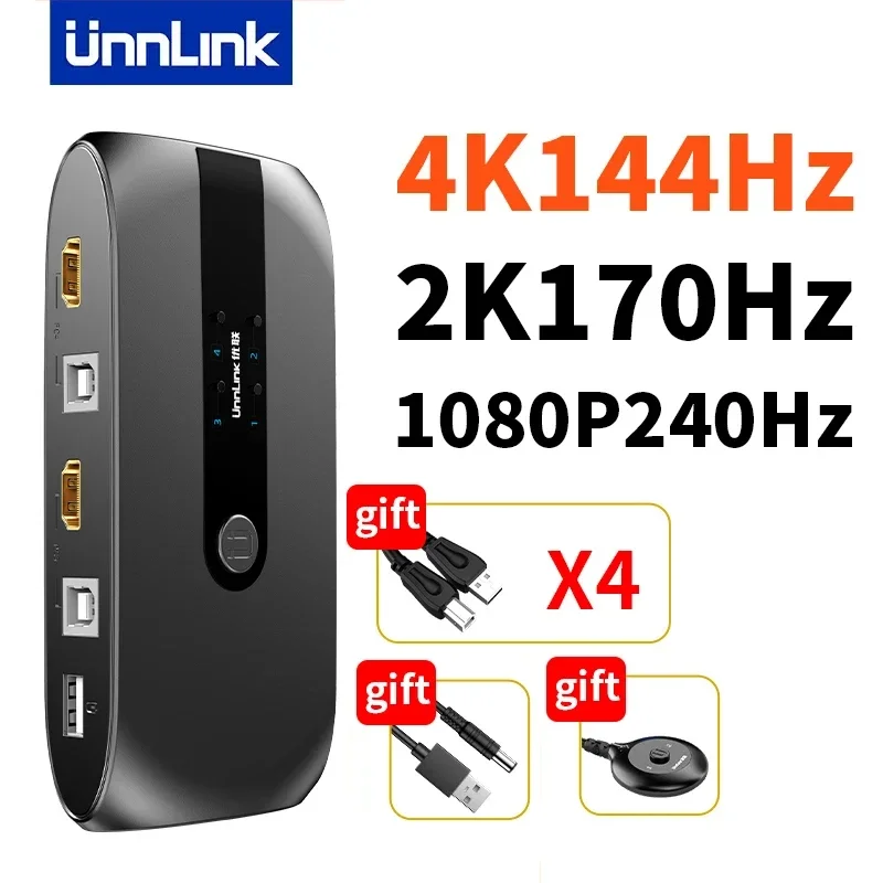 Unnlink HDMI KVM Switch 4 portas 4K 144Hz 60Hz Switcher de vídeo com controlador para 4 computadores compartilhar 4 USB Mouse Teclado Monitor