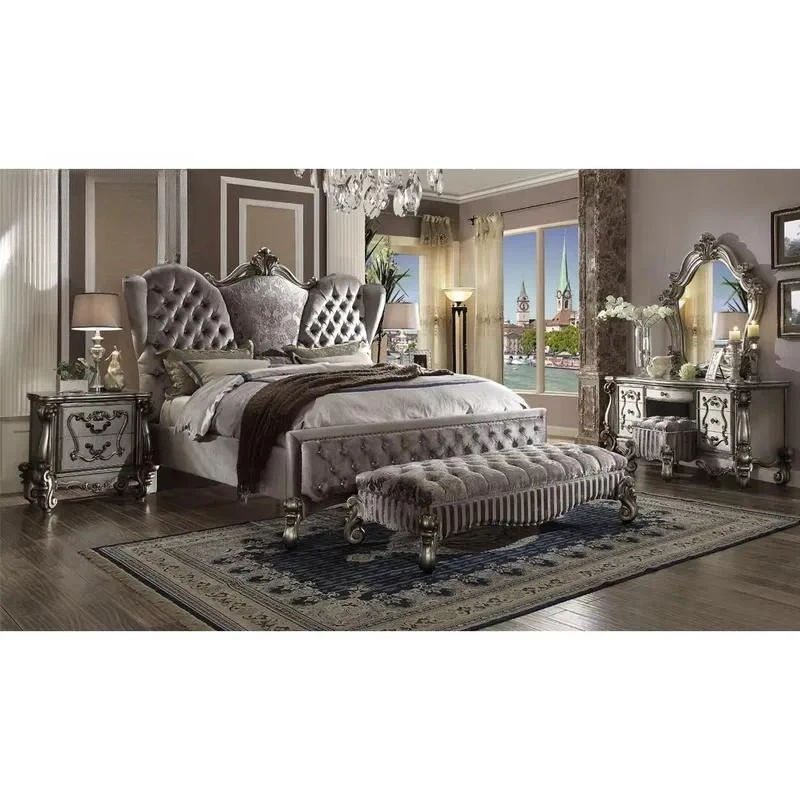 Antique King Size Bed Frame Hand Carved Wooden Bed with Storage Side Table Deluxe Bedroom Furniture Set Solid Wood Design