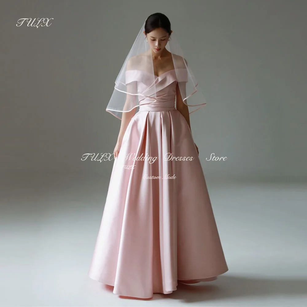 

TULX Elegant Off Shoulder Pleat Evening Dress Korea Satin Wedding Photo Shoot Floor Length Corset Party Event Gown Custom Made