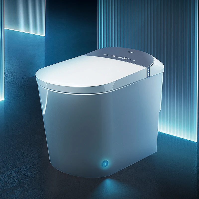 

White smart ceramic toilet seat integrated with digital display and home bathroom foot sensor