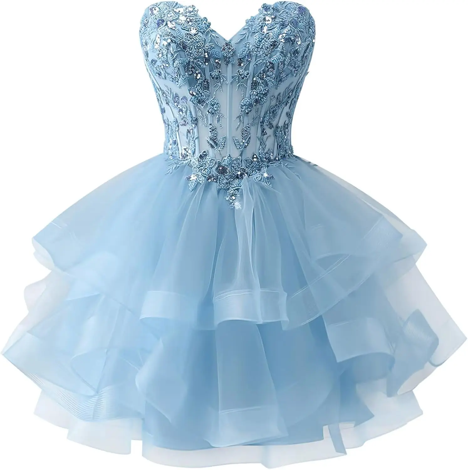 

Tiered Tulle Homecoming Dresses Strapless Lace Applique Beaded Short Prom Dress for Teens Mini Dress Evening Graduation Dress