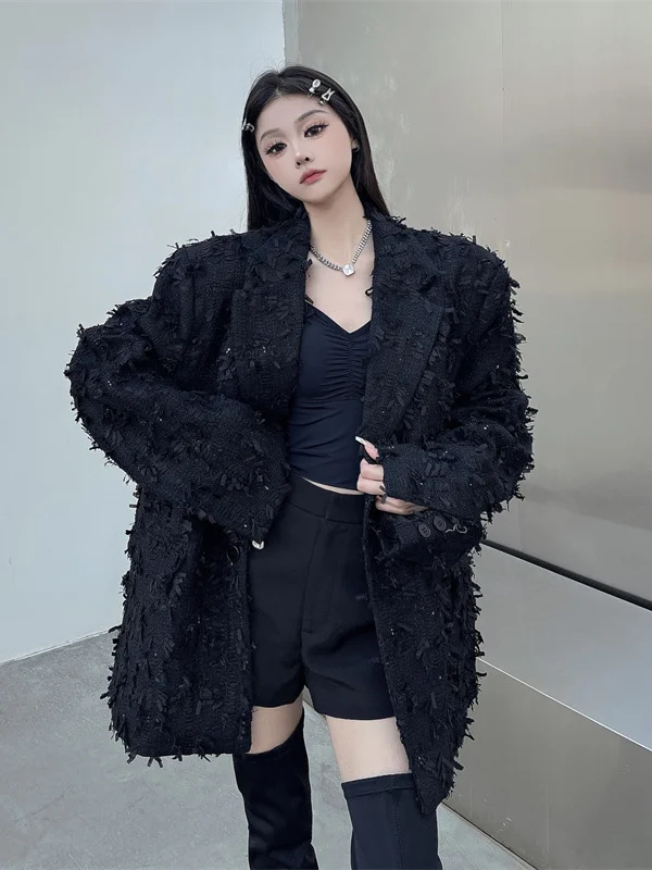 

Casual Sle Loose Fit Women's Suit Jaet Heavy Weave Knit Luxury Lightweight Furry Trim Streetwear Busin Interview Ready