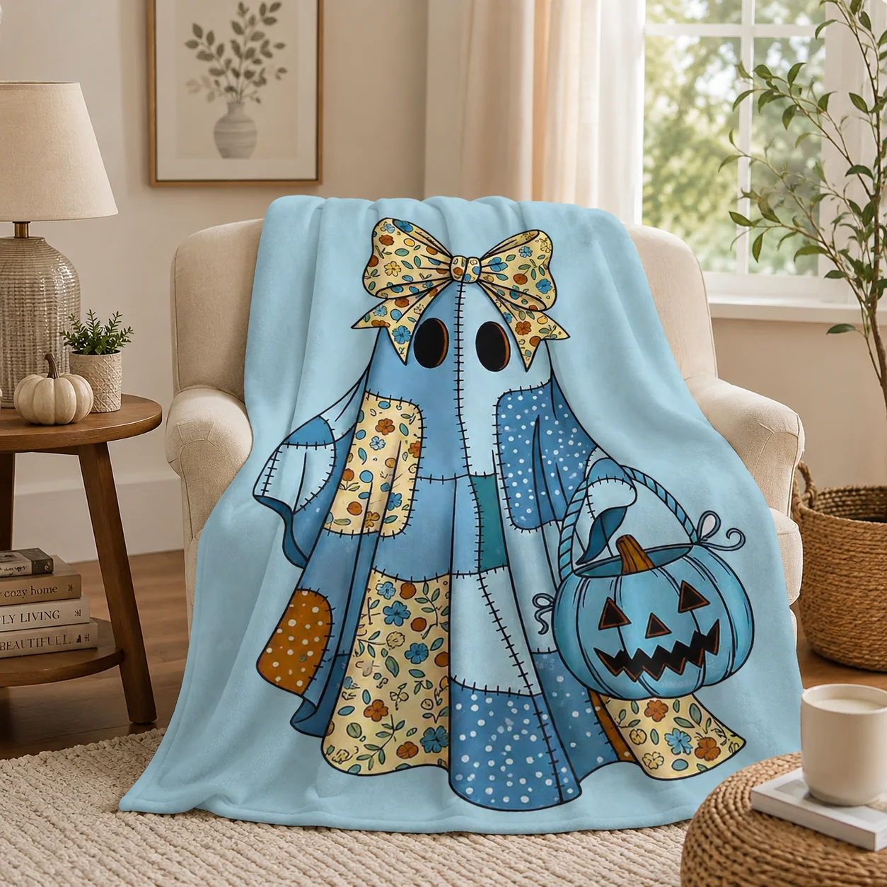 Cute Patchwork Ghost Halloween Flannel Blanket, Bow Blue Pumpkin Candy Basket Print Throw Blanket, Soft Lightweight Cozy Blanket