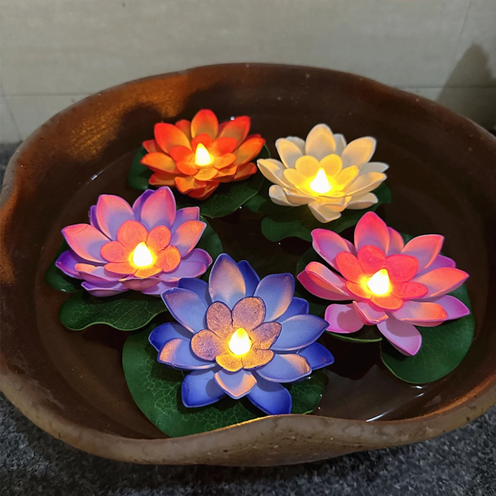 6pcs LED Waterproof Floating Lotus Light Artificial Floating Water Lily Simulation Wishing Lotus Light for Gardens Fish Tank