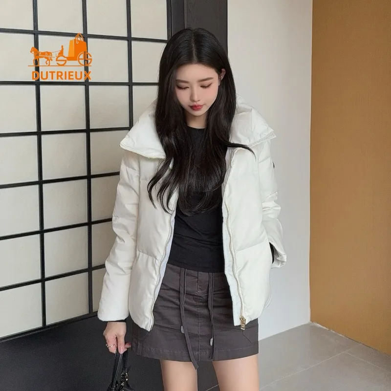 Chaqueta de plumón corta de moda clásica para mujer, relleno de plumón de ganso blanco 90%, abrigo grueso cálido informal holgado para mujer, novedad de invierno de 2025