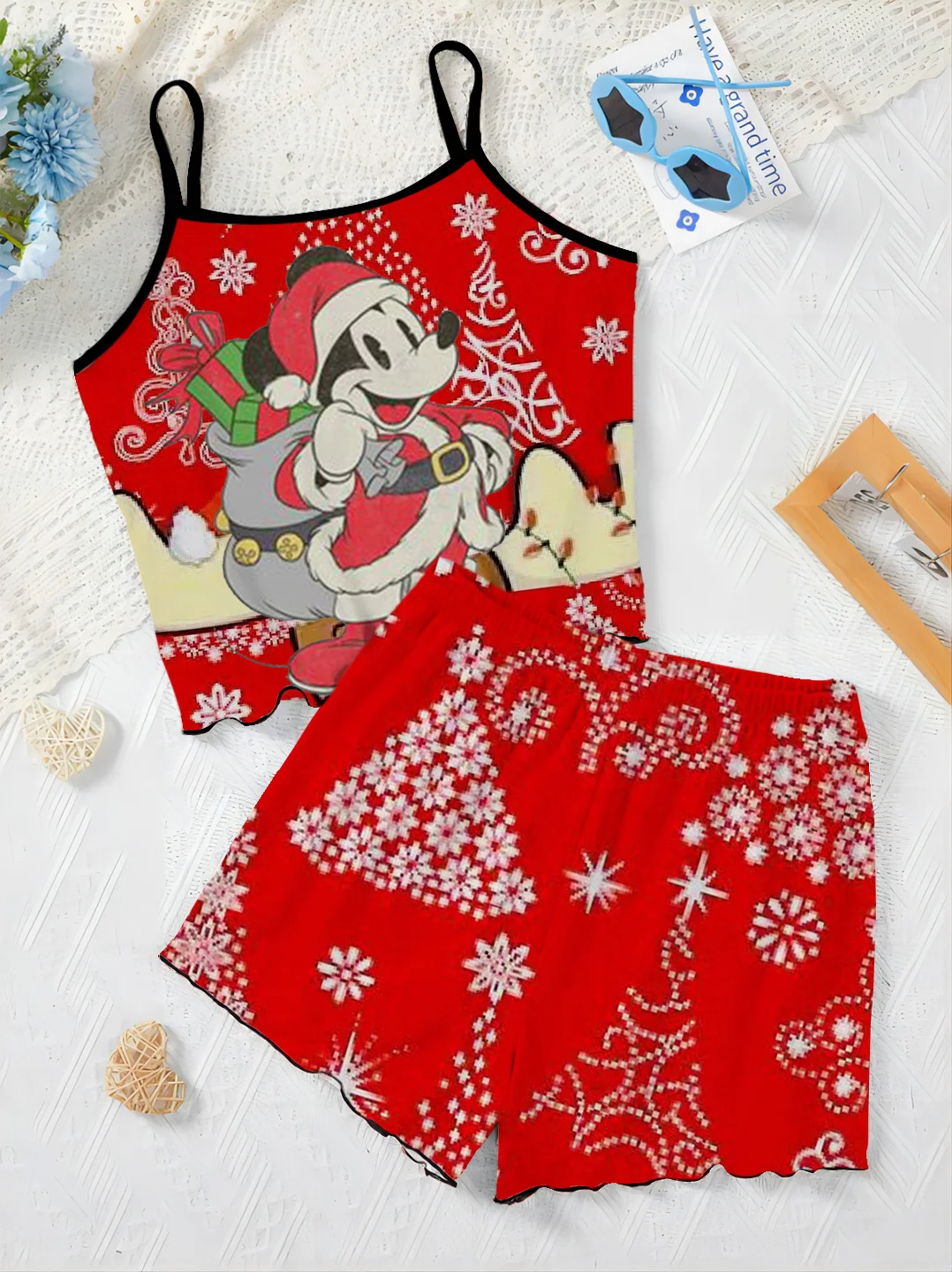 Camiseta de Minnie Mouse de Disney, vestido para casa, conjuntos cortos para mujer, traje de 2 piezas para mujer, falda de pijama, Top, adorno de lechuga, Navidad de Disney