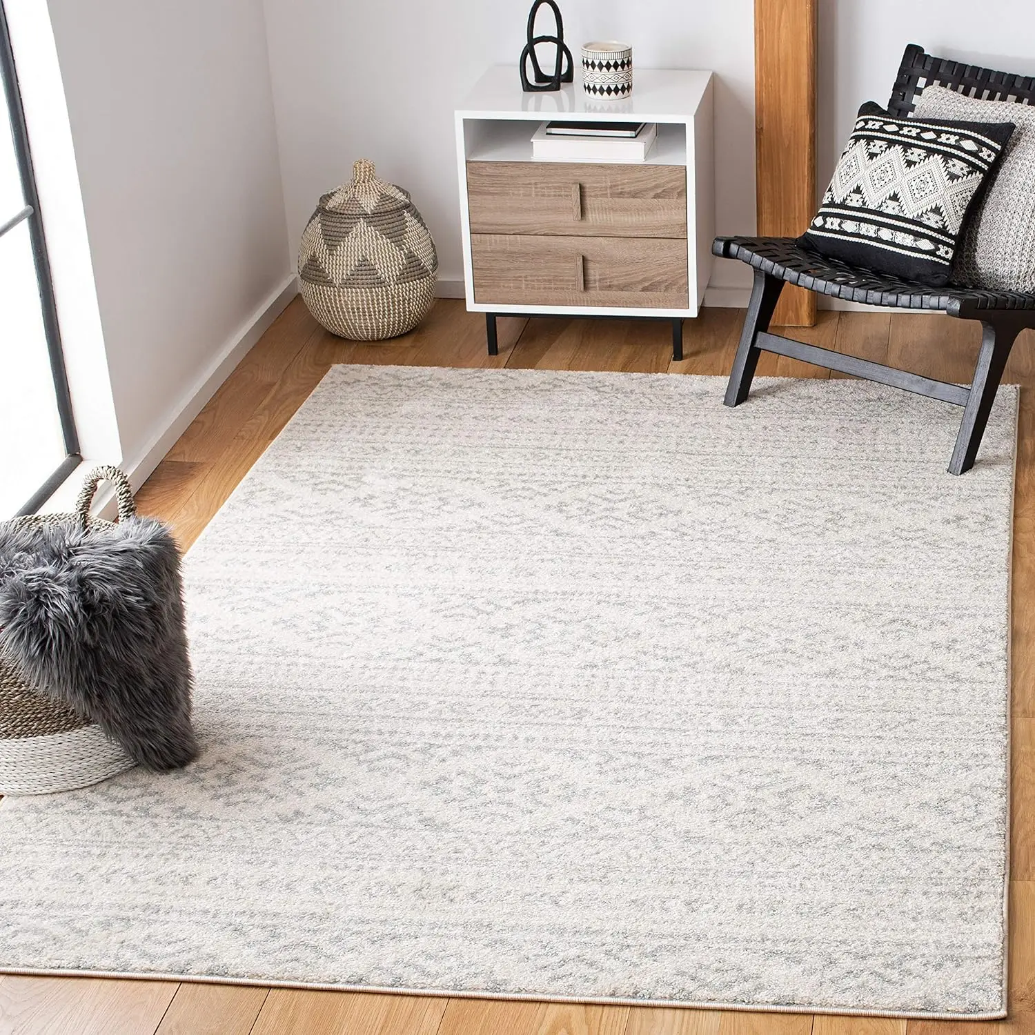 

Tulum Collection Area Rug , Ivory & Light Grey, Moroccan Boho Tribal Design Ideal for High Traffic Areas in Living Room