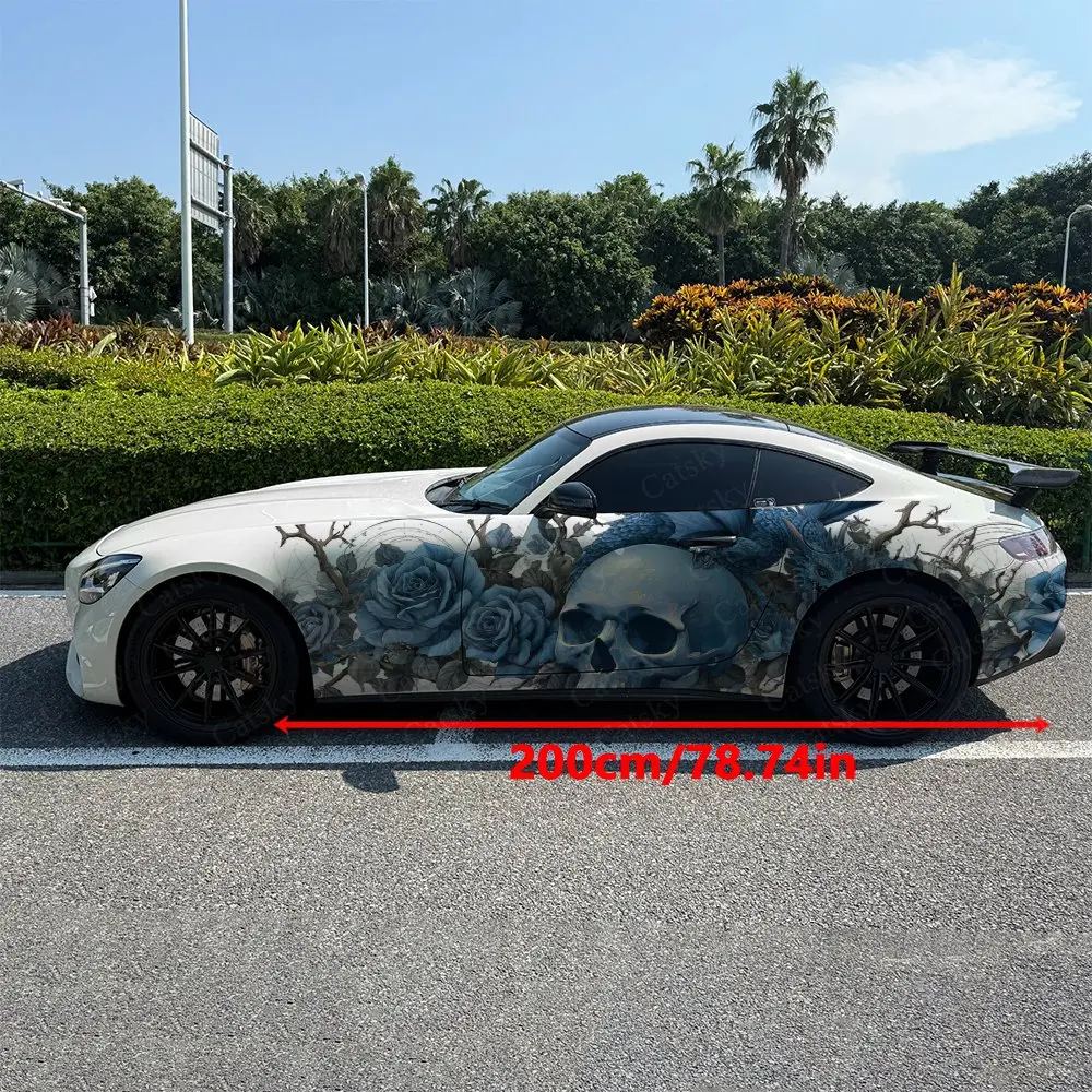 2pcs Roses Cluster Skull Winged Car Side Wraps, Self-Adhesive PVC Waterproof & Scratch-Resistant Stickers, Car Accessory Gift