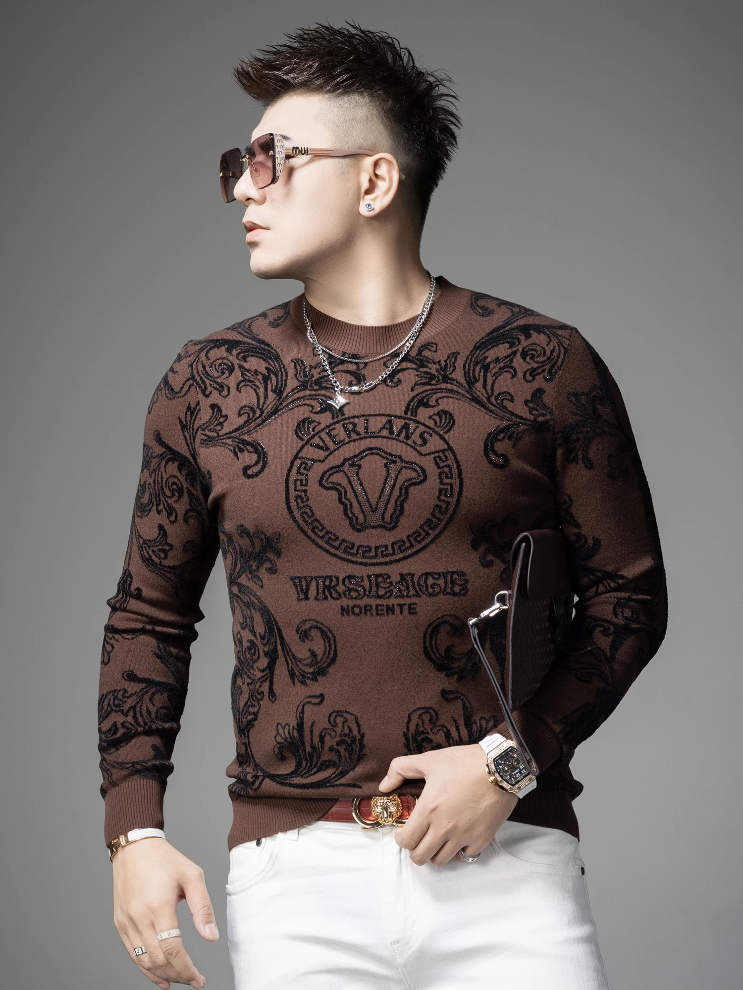 

Faionable Men's Knitted Sweater Winter Inner Wear Diamond Heat Transfer Base irt Sli Autumn Winter New Arrival Slim Fit