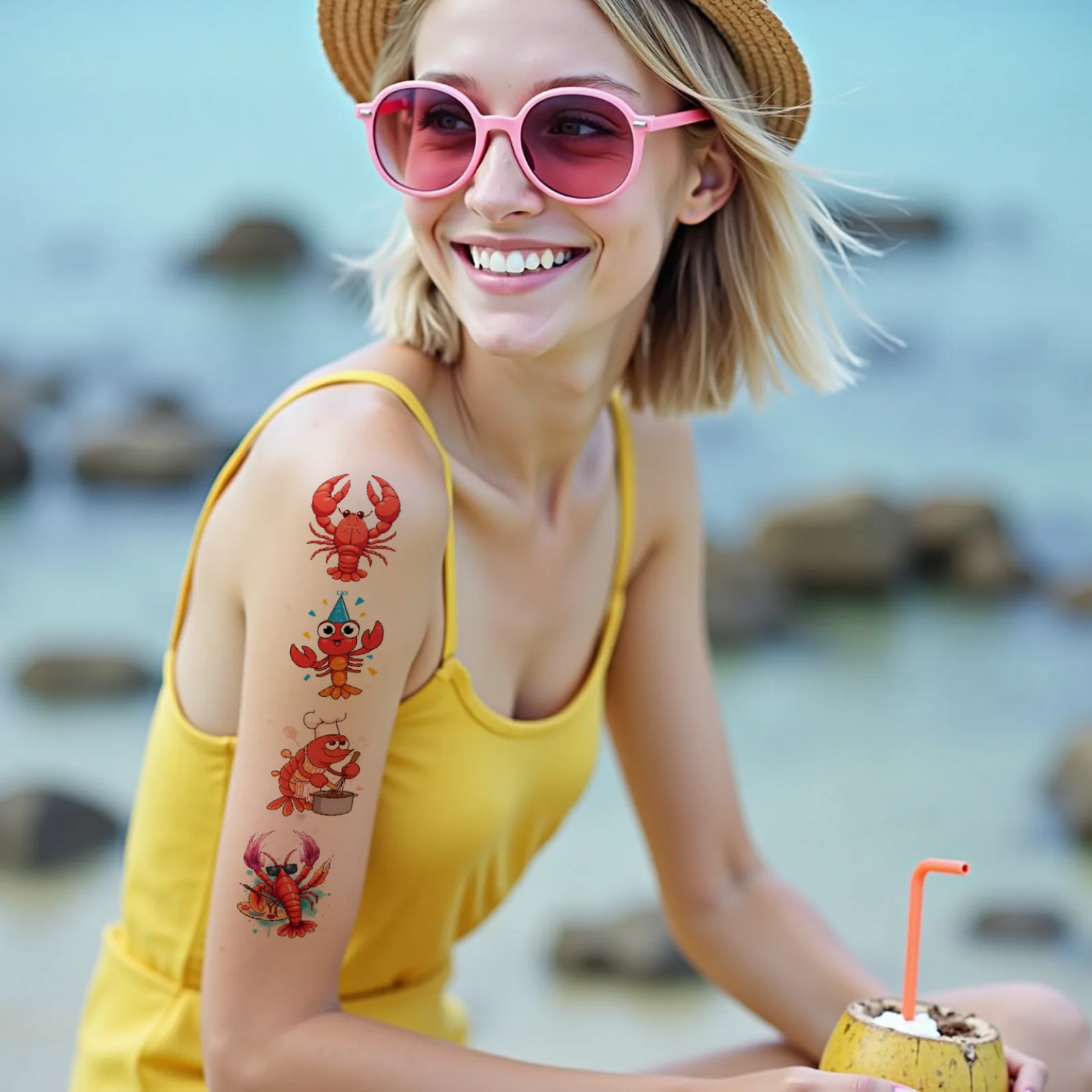 54 قطعة جراد البحر الوشم المؤقت مع الجير ملصقات الوشم المؤقت الموسيقار جراد البحر كاوبوي جراد البحر للأكتاف