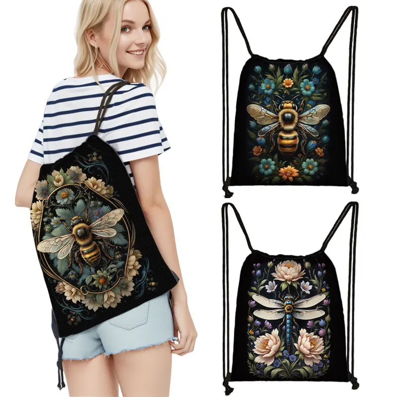 

Moon phase bee / Moth / Dragonfly Print Backpacks Women Drawstring Bag Children Storage Bag Book Bags for Travel Shoes Holder