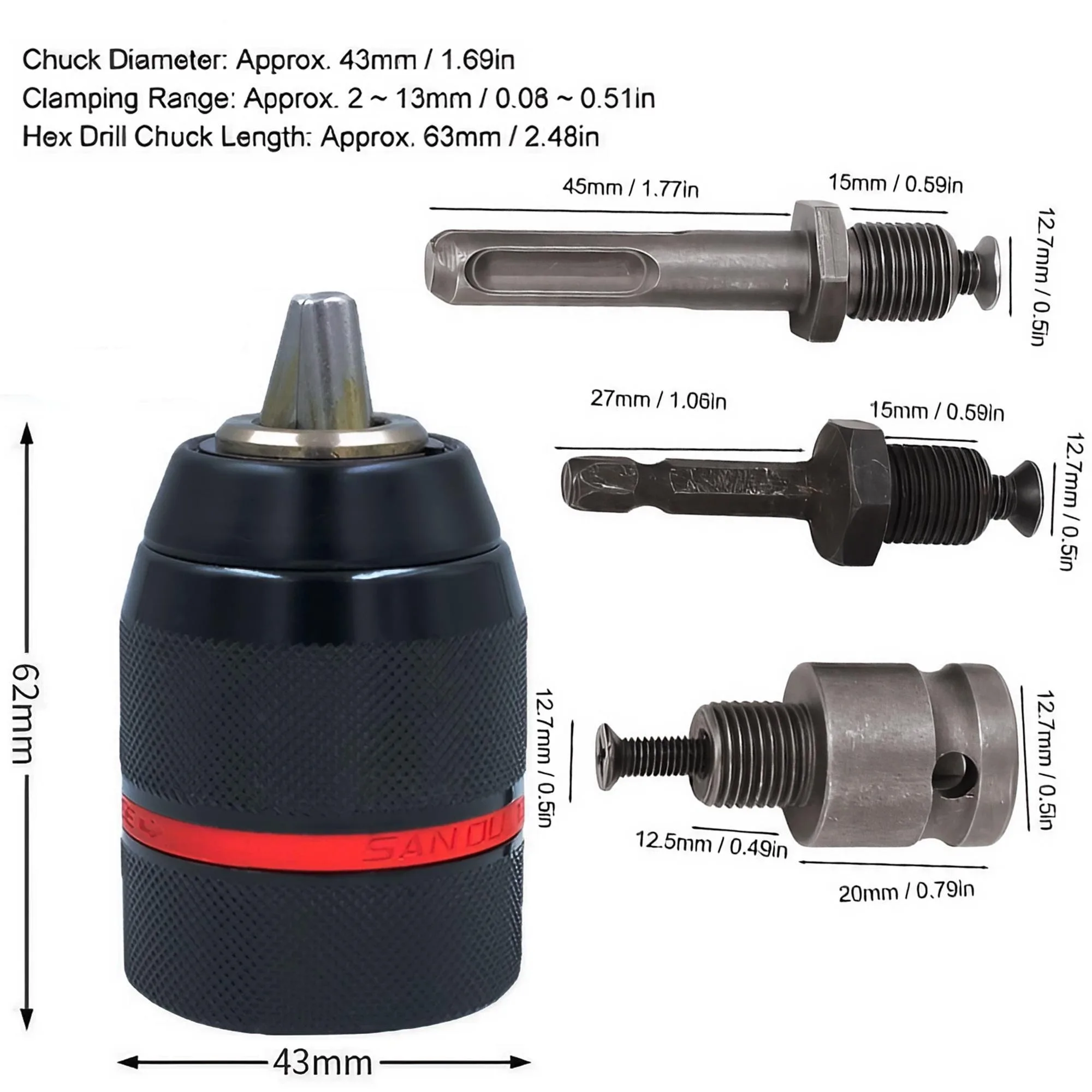 Keyless Drill Chuck Impact Drill Adapter SDS Plus Chuck Heavy Duty Drill Chuck Set Hex Shank Adapter 13mm Chuck Power Tool Accessories Patented Anti-Slip Locking Heat-Treated Maximum Clamping Force Quick Change 1050W+ Drills Professional Contractor Grade view 2