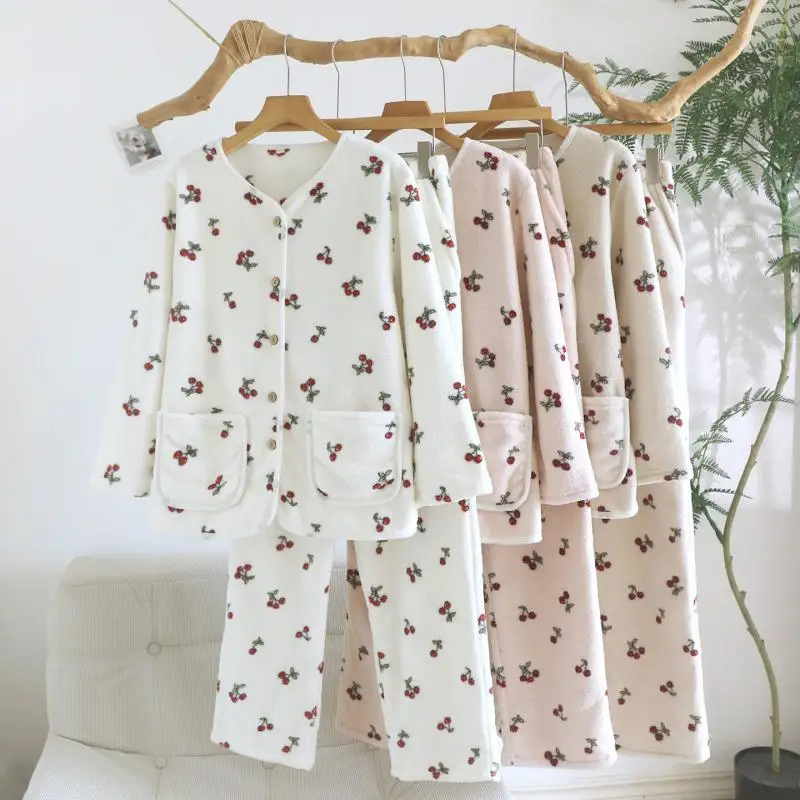Autumn Winter New Warm Pajamas Set Women Flannel Soft Homewear Sweet Print 2 Pcs Shirt&pants Thicken Loungewear Comfy Sleepwear