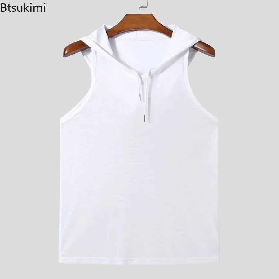 New Trendy Men's Hooded Sports Tank Tops Sexy Mesh Transparent Sleeveless T-shirts Summer Casual Drawstring Fitness Muscle Vest