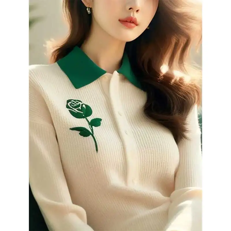 

Women Clothing Spring Autumn Fashion Casual Embroidered Solid Color Female All-match Temperament Long Sleeve Sweater Pullovers