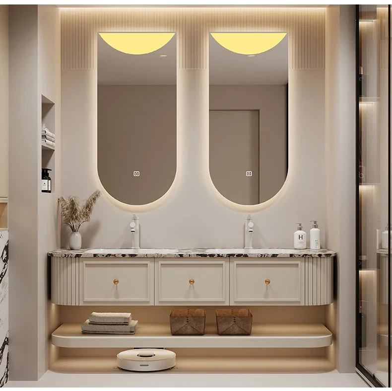 Комбинированный шкаф для ванной комнаты во французском кремовом стиле с двойной раковиной, роскошный каменный светильник, роскошный встроенный умывальник