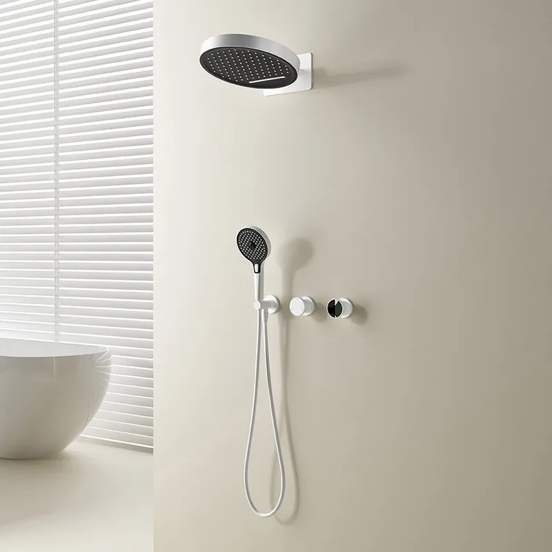 In-wall Copper Shower System with Mirror Rainfall Showerhead, Pressure Boosting, Cold and Hot Water, Elegant Minimalistic Design