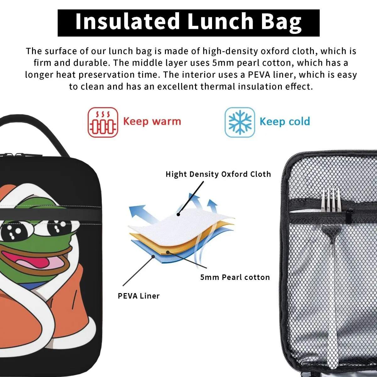 Pepe The Frog Peepo Emote Insulated Lunch Bag for Women Kids Portable Food Boxes Thermal Lunch Box Tote