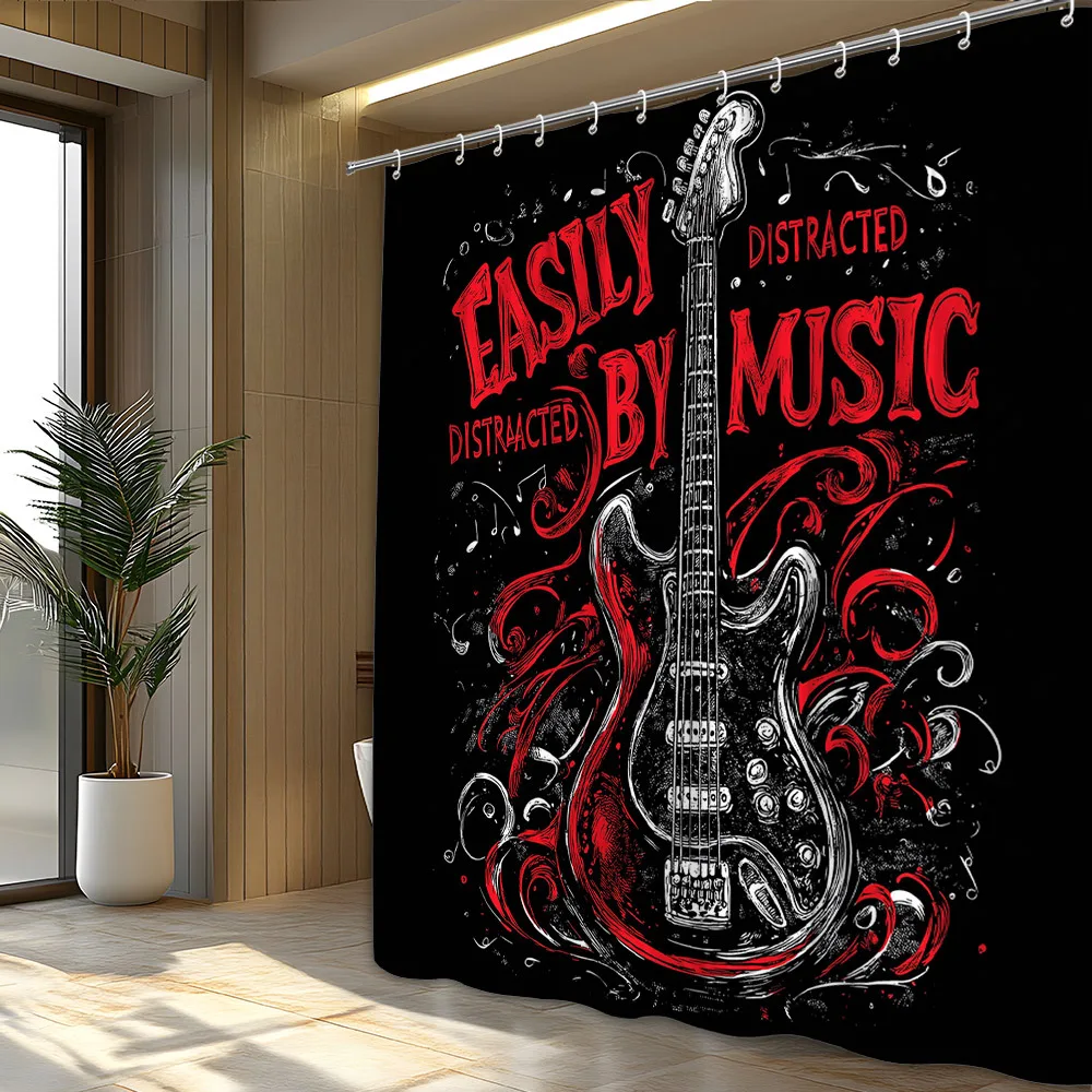 Waterproof Music Guitar Shower Curtain Bath Liner Rock Band Musician Bathroom Decor Easily Distracted By Music Edgy Artsy Gift
