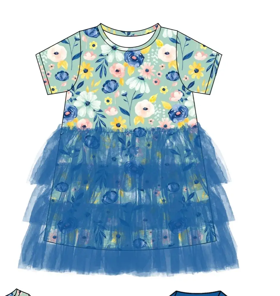 Boutique Girl Mint Floral Themed Clothes Short Sleeves Tulle Layer Dress Baby Sleepsuit Romper Kids 2 Piece Set