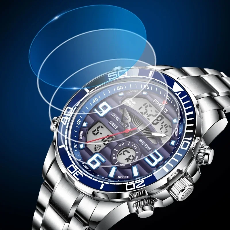 FOXBOX Top Brand Luxury Digital Mens Watches Top Luxury Sport Quartz Wristwatch For Men All Steel Military Waterproof Clock+Box