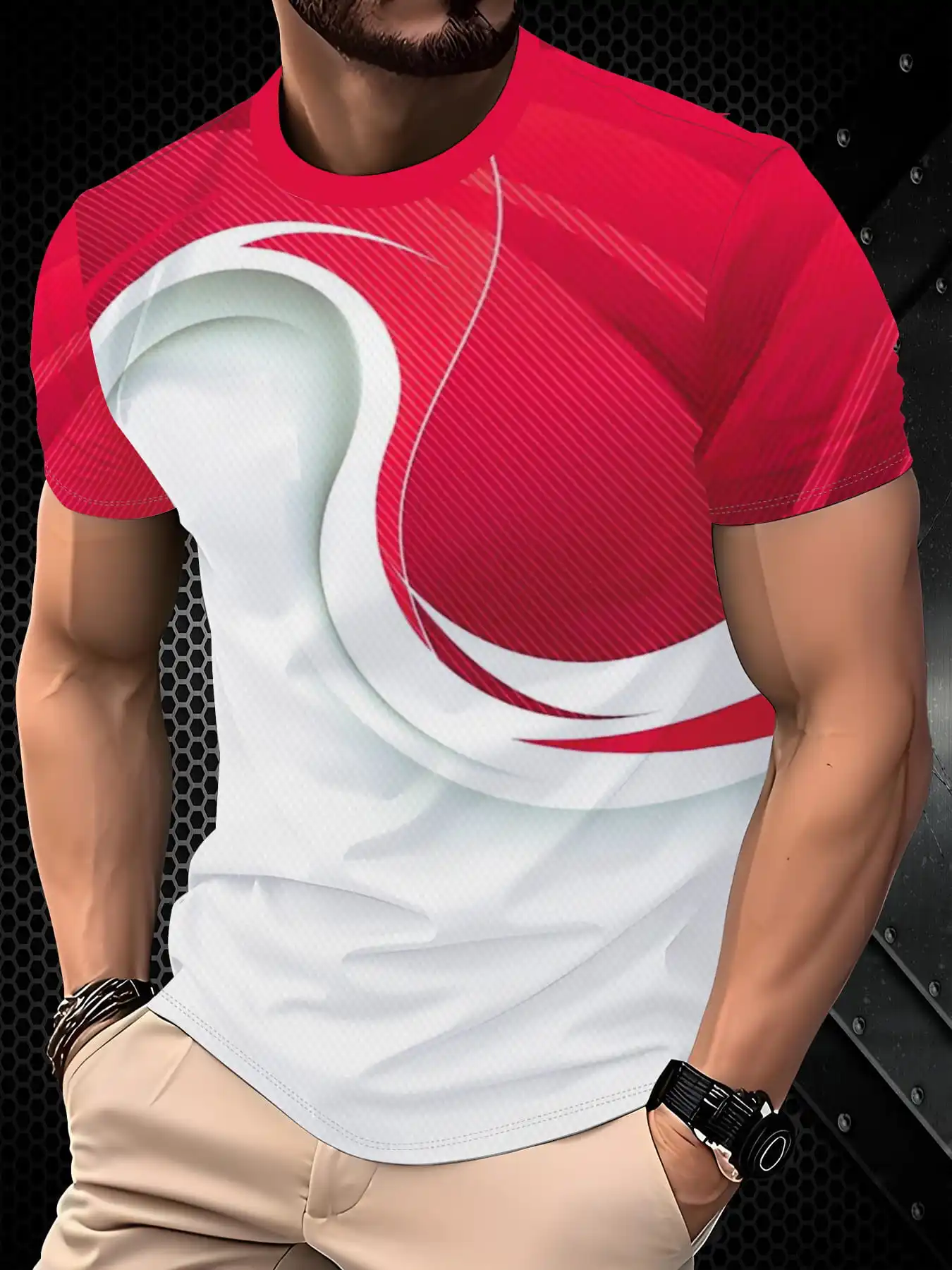 Men Sports Short Sleeve T-Shirt Quick Dry High Elastic Red White Swirl Geometric Print Breathable Slim Training Top