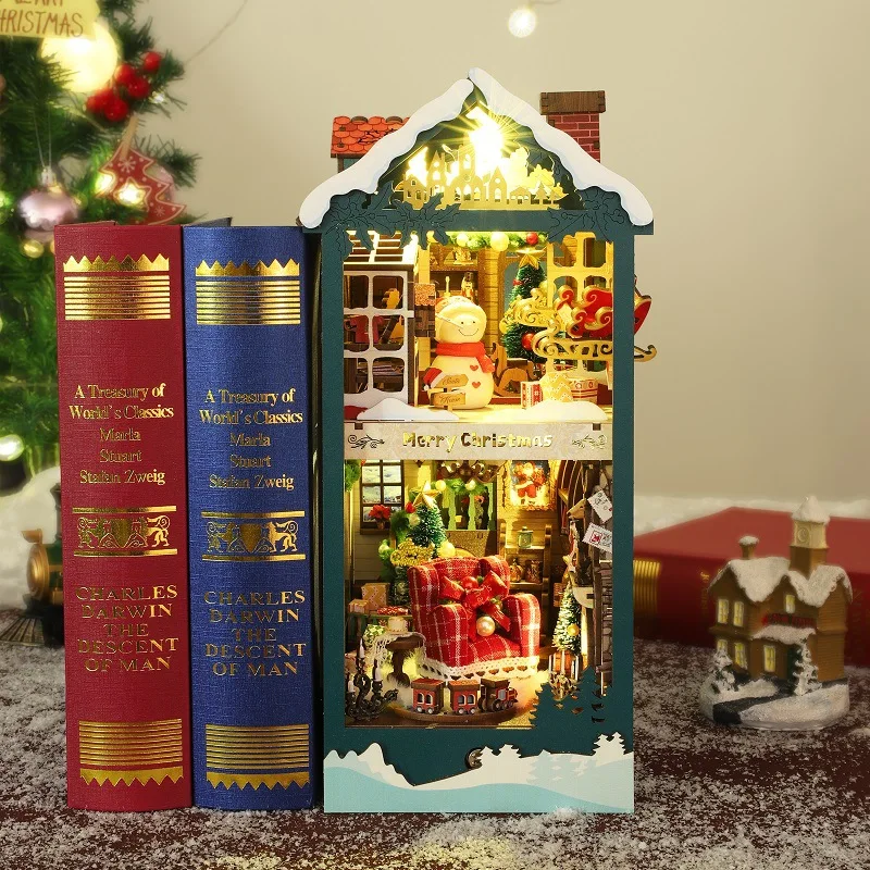 

OUZEY Joyful Christmas Book Nook, 3D Wooden DIY Holiday House, Festive Season Gift for Teens
