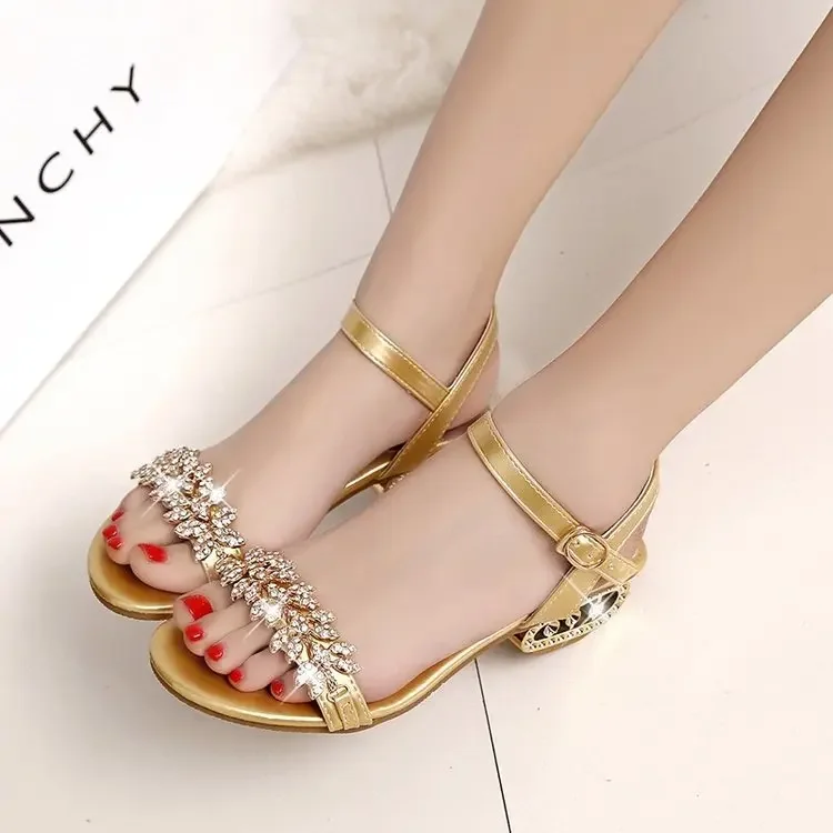 Spring and Summer Women Sandals 2025 Open Toe Sandals Female Sexy Low with Non-slip Rhinestones High Heels Sandals34-41