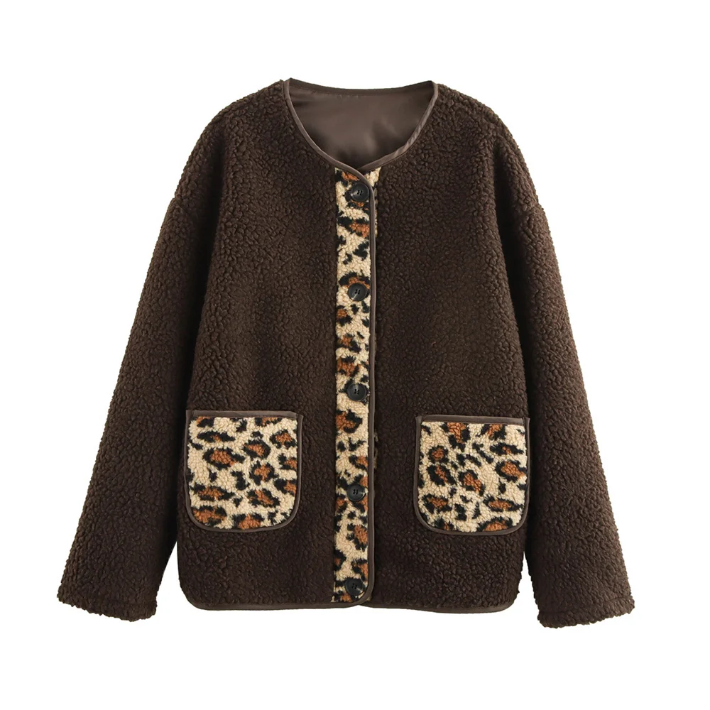 ZARF2024 autumn and winter new women's round neck grain lamb fur fur leopard print double-sided jacket top with bag