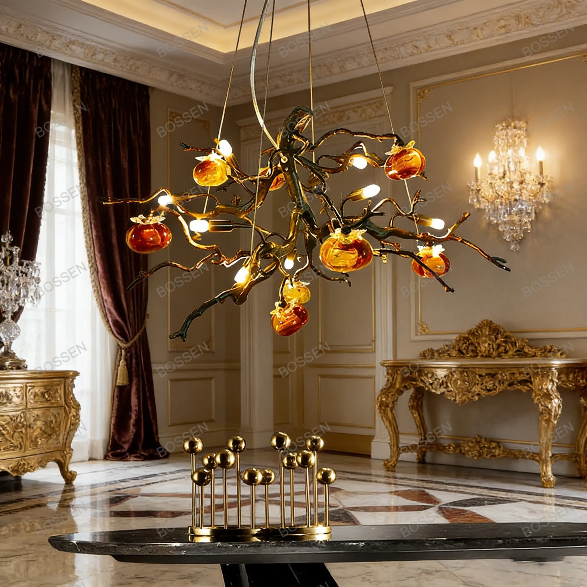 

BOSSEN 2026 New American Style Chandelier Colorful Glass Copper Branching Rectangular Pendant Light Dimmable for Kitchen Bar