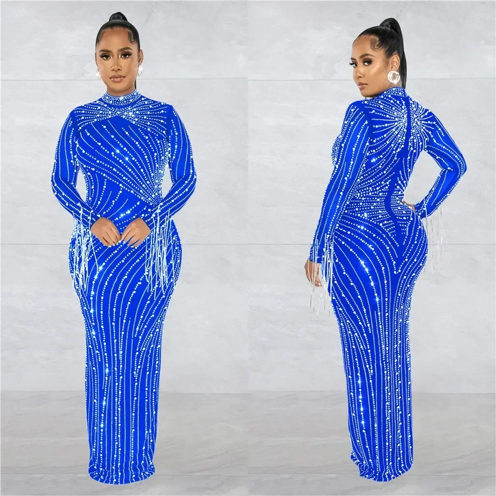 Foto cristales de perlas fotografía de maternidad Maxi vestidos de manga larga malla elástica mujer embarazada Baby Shower vestido largo tiro