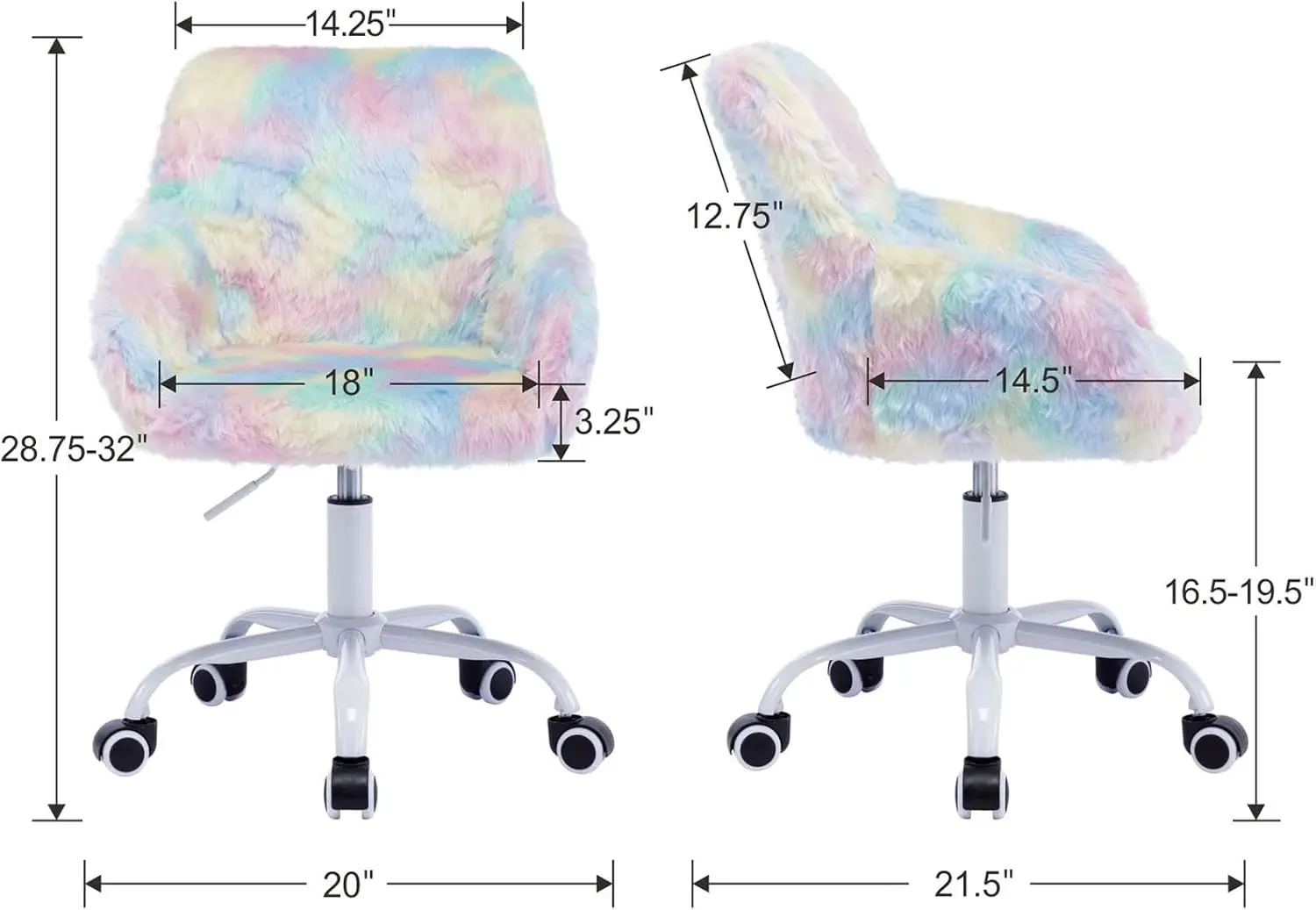 Kids Desk Chair, Faux Fur Colorful Upholstered Computer Chair, Cute Study Swivel Height Adjustable Arm Chair Rainbow Color