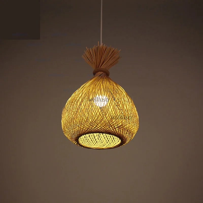 Handmade Bamboo Pendant Lamp Candy Ceiling Chandelier for Hotel Bar Teahouse Bistro Zen Wood Knitted Suspension Hanging Light
