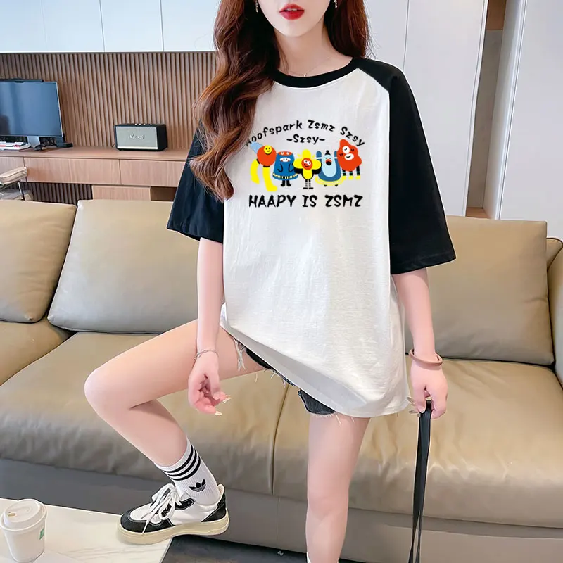 2024 New American Retro Cartoon Contrast Raglan Short Sleeve T-shirt Women's Summer New Loose T-shirt Kawaii Clothes