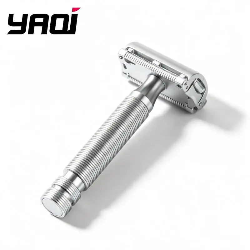 YAQI Men Classic Safety Razor  Double Edge Manual Shaver, Silver All Metal Handle Reusable Wet Shaving Razor