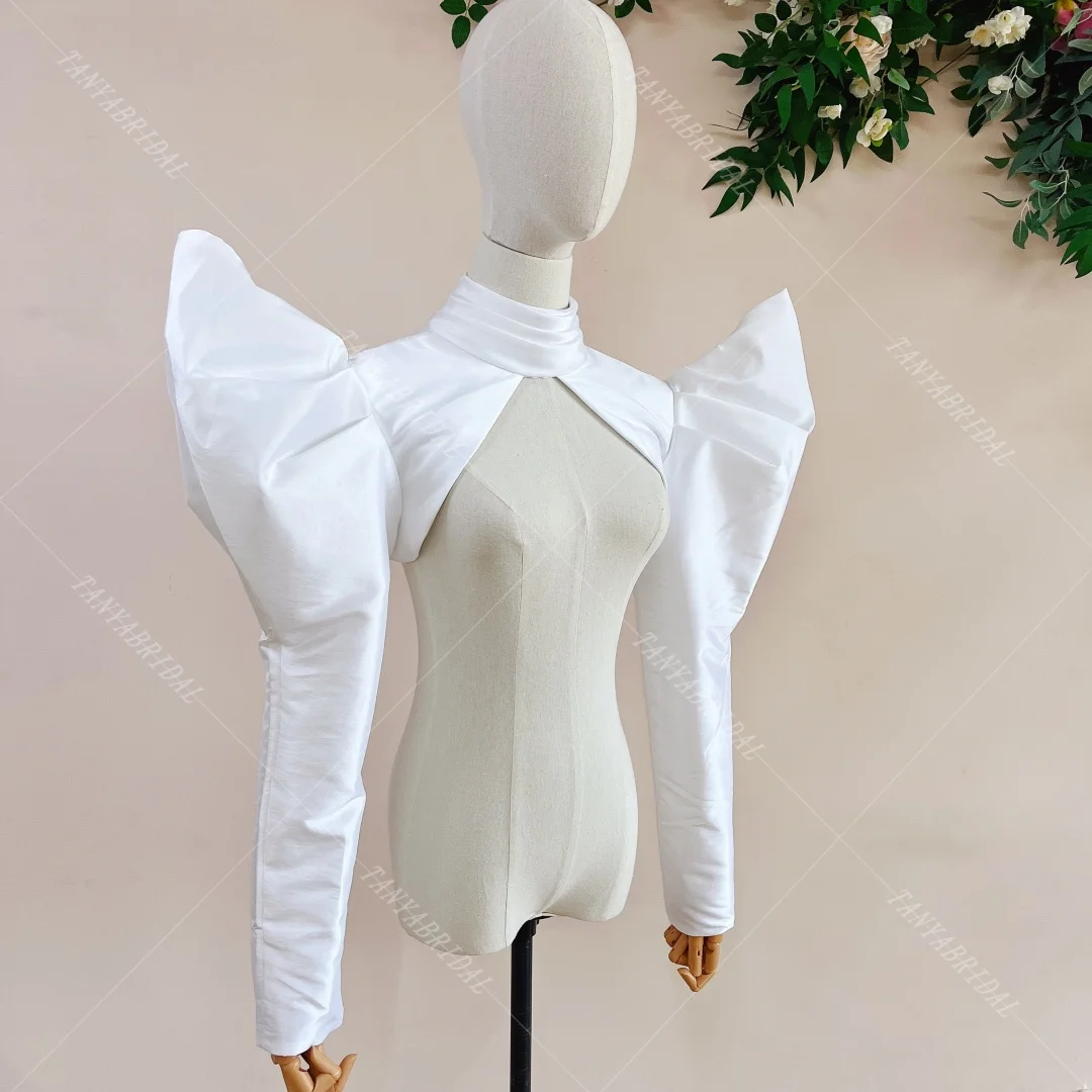 Taffeta Fashion Jacket With Bull Horn Shoulder Short Bolero Full Sleeves Shawl High Neck With Buttons Bridal Accessories