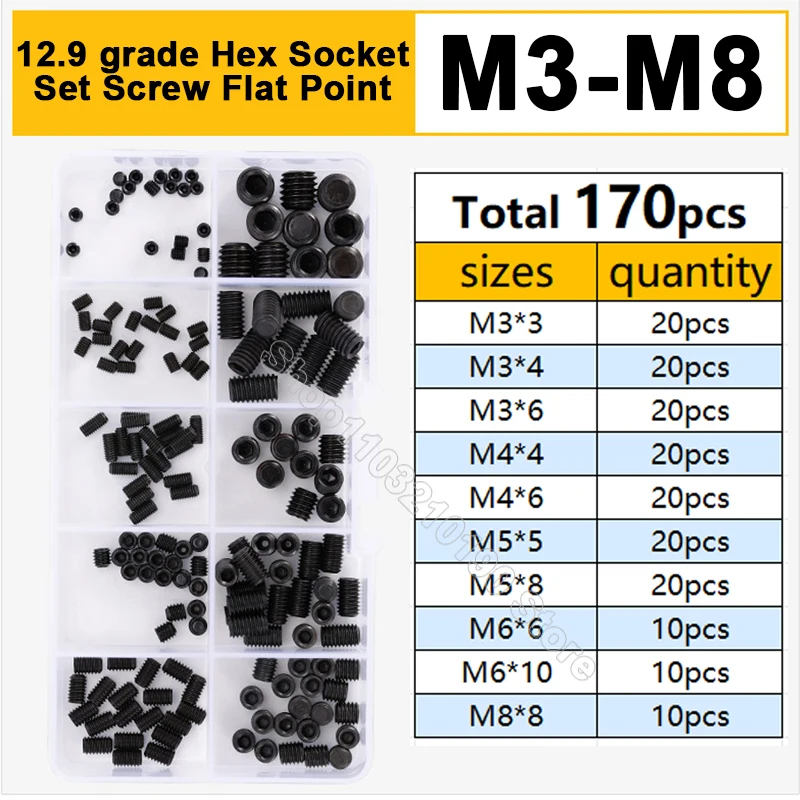 

170Pc M3 M4 M5 M6 M8 DIN913 12.9 Grade Black Hex Hexagon Socket Allen Flat Point Grub Bolt Set Screw Assortment Kit Box Headless