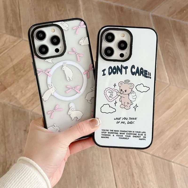 Cute Angel Bear 2.0 Acrylic Upgrade Border MagSafe Phone Case Cover for IPhone 12 13 14 15 Pro Max Case for IPhone 15 Pro Max