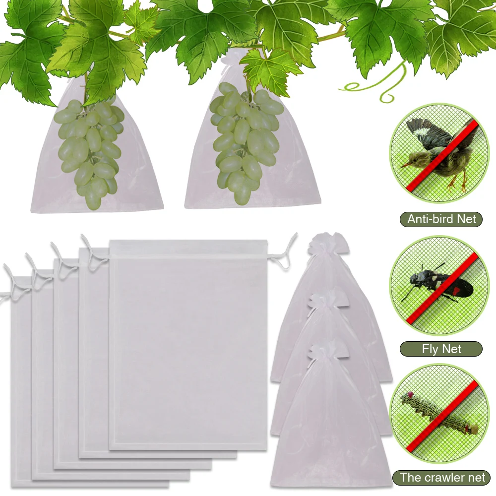 10-500PCS Pest Control Net Grape Fruits Protection Bag with Drawstring Mango Vegetable Flowers Mesh Netting Anti Bird for Garden